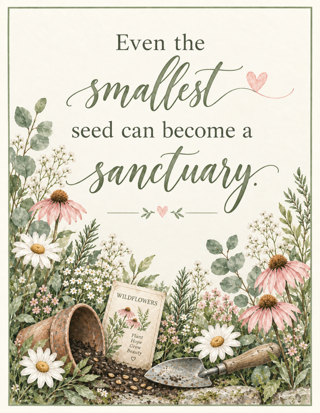 Botanical garden illustration with daisies, seeds, and a trowel, reading “Even the smallest seed can become a sanctuary.”