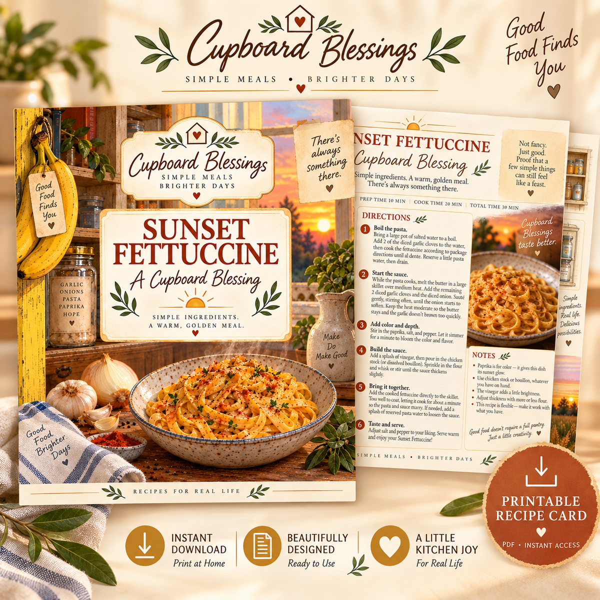 Cupboard Blessings: Sunset Fettuccine — Recipe Card PDF