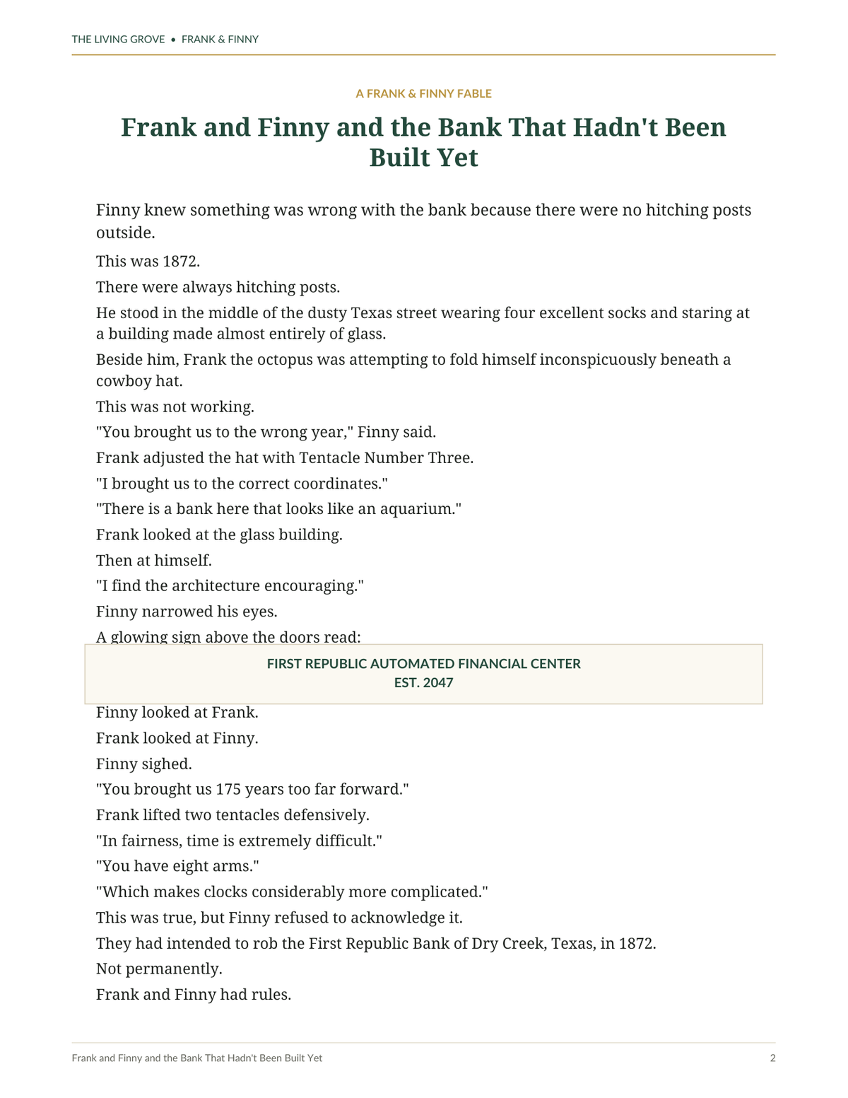 Frank and Finny and the Bank That Hadn’t Been Built Yet