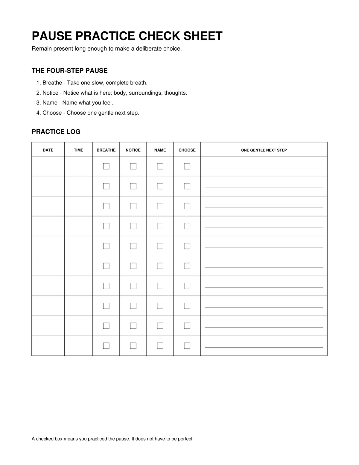 Pause Practice Check Sheet
