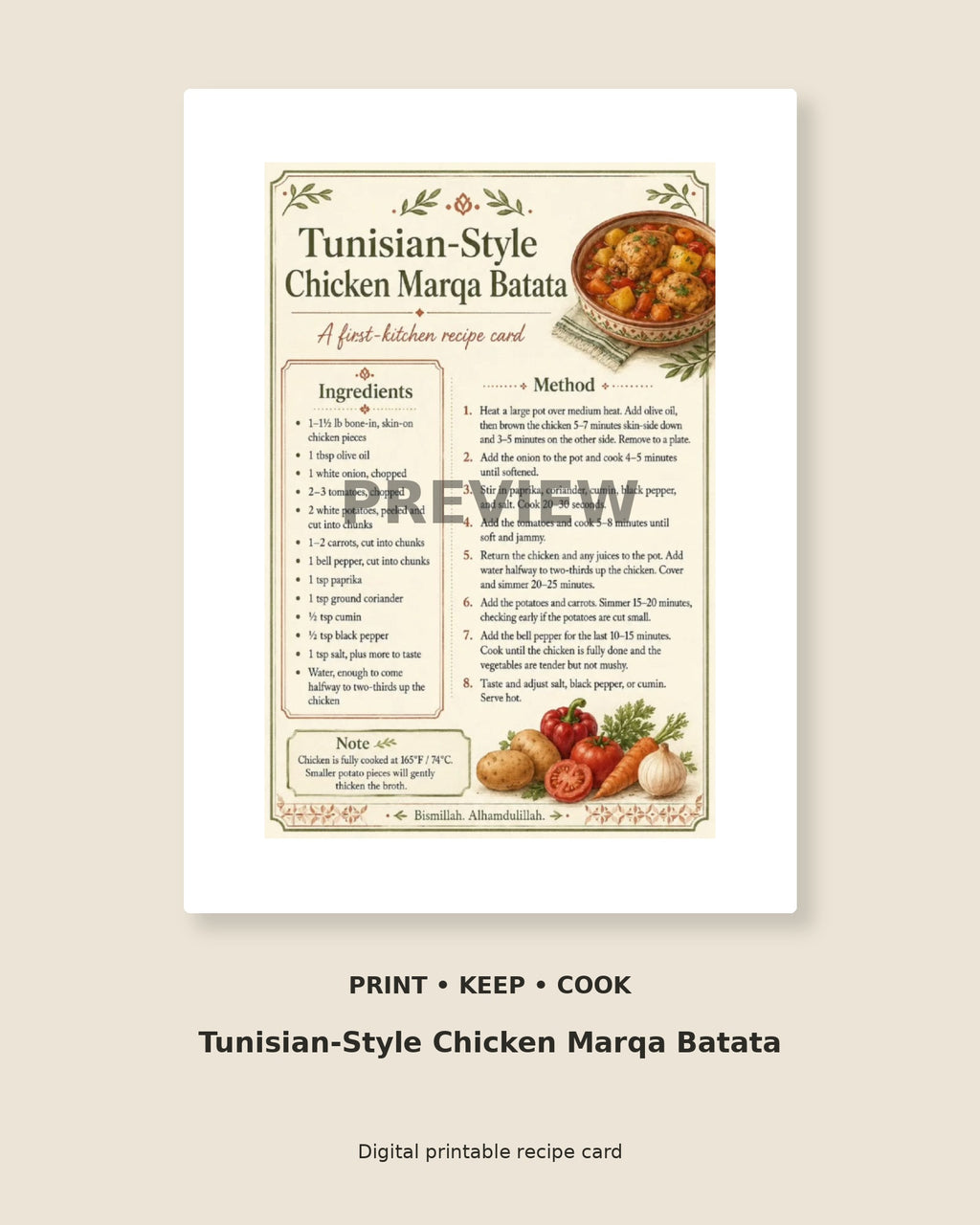 Cupboard Blessings: Tunisian-Style Chicken Marqa — Recipe Card Printable PDF