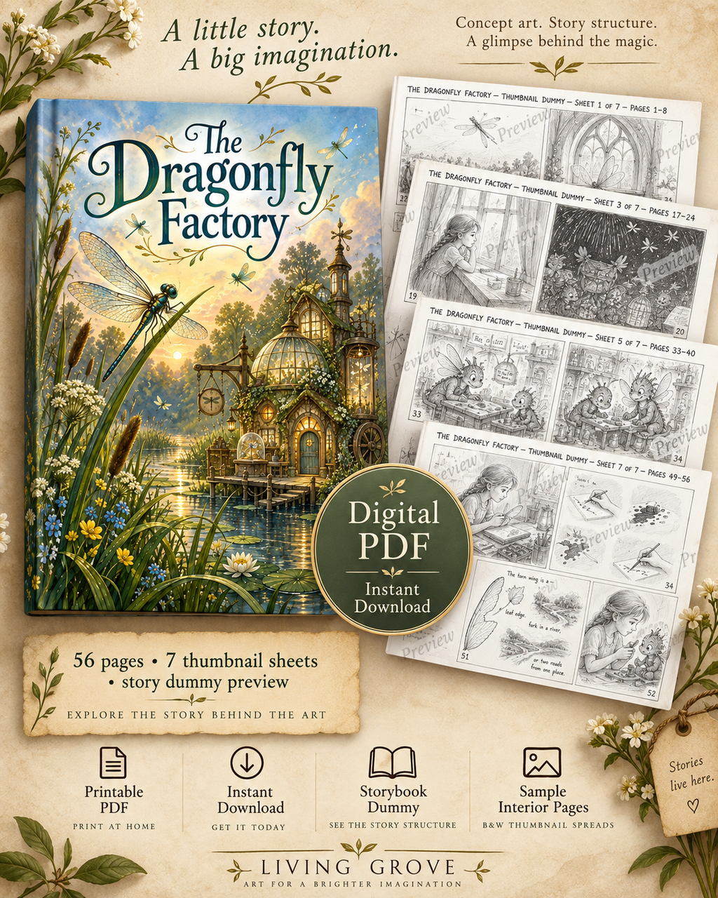The Dragonfly Factory — An Illustrated Living Grove Story Printable Storyboard