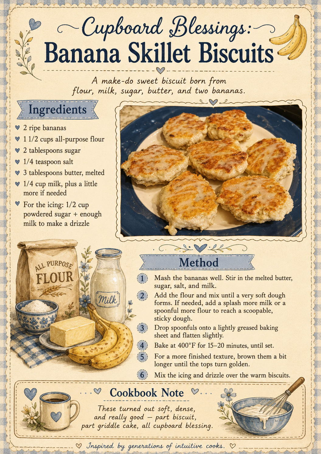 Cupboard Blessings: Banana Skillet Biscuits — Recipe Card