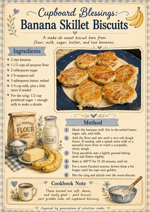 Cupboard Blessings: Banana Skillet Biscuits — Recipe Card